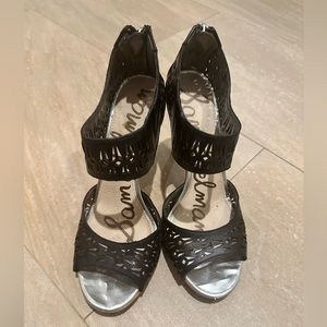 Sam Edelman heels. Black leather across ankle and toes. Silver bottoms